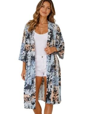 Tolani Grace Floral Kimono Duster One Size Boho Resort Beach Cover Up Festival